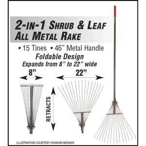 Leaf Rake 2 in 1 Shrub and Leaf All Metal Rake